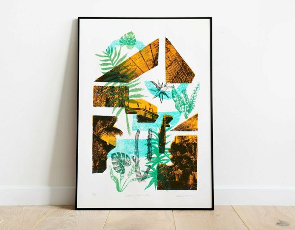 Barbican Conservatory print with plants and Brutalist architecture