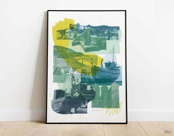 Hastings art print with fishing boats, Hastings castle and Cliff Railways
